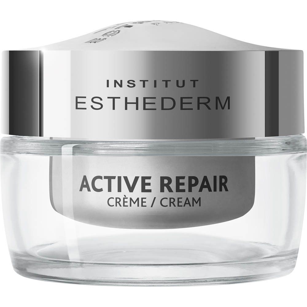 Crème pot met deksel. Opschrift: INSTITUT ESTHEDERM, ACTIVE REPAIR, Crème/Cream.