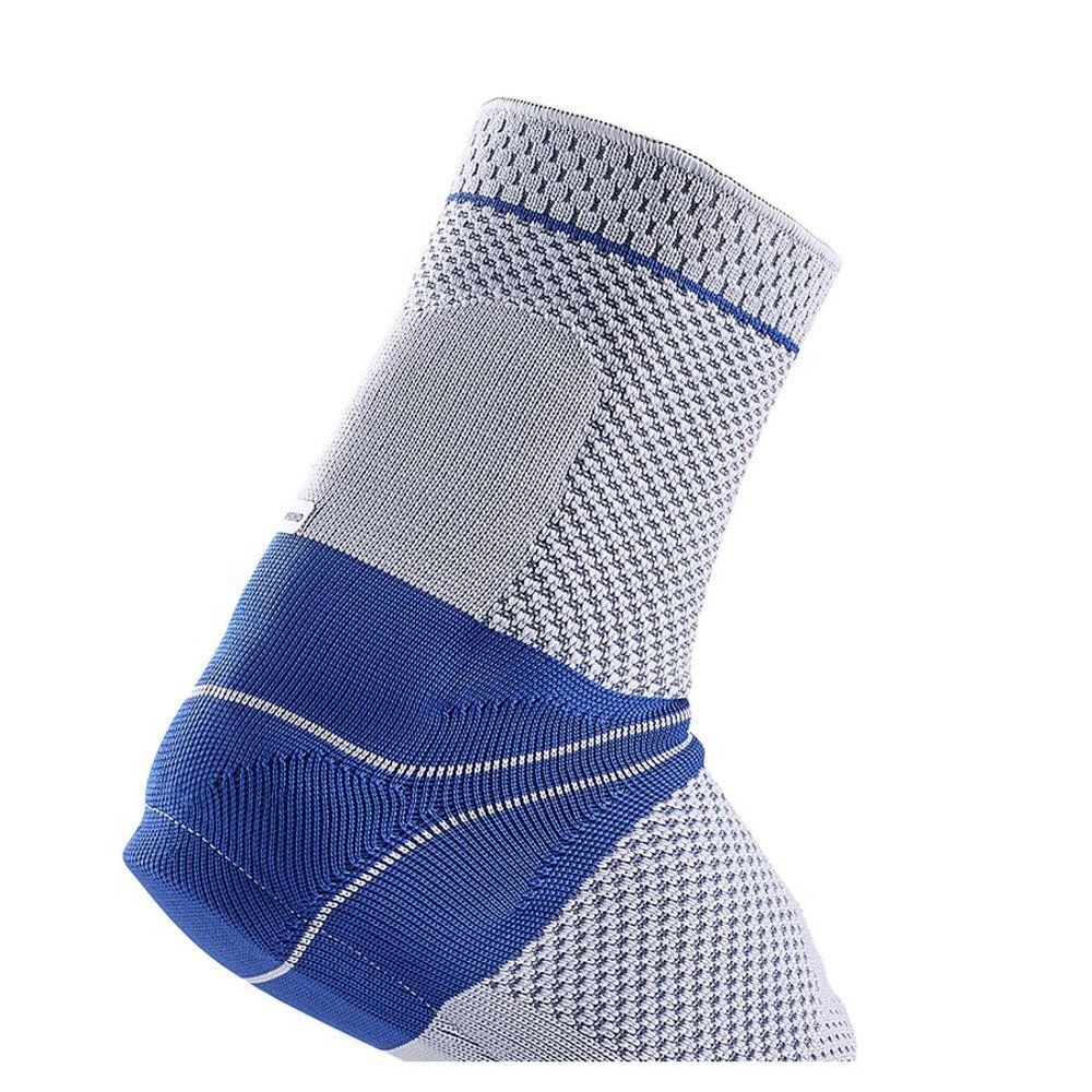 Attelle de cheville. Textile bleu et gris. Couvre le talon et la cheville. Fond blanc.