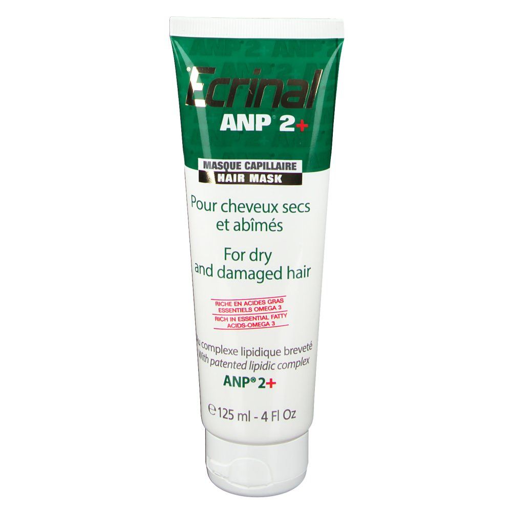 Tube Ecrinal ANP 2+ haarmasker. Voor droog en beschadigd haar. Inhoud 125 ml. Witte tube met groene en witte details.