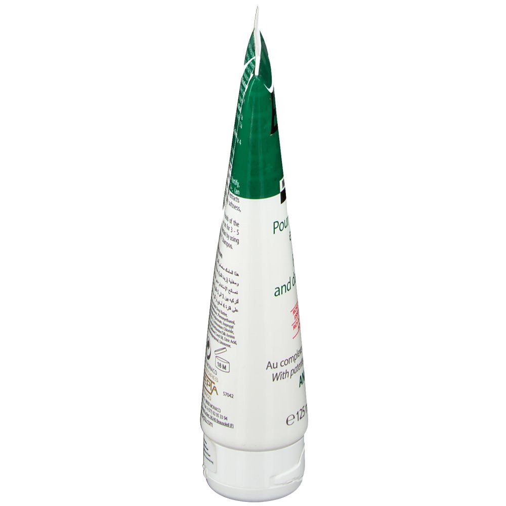 Zijaanzicht van de tube Ecrinal ANP 2+ haarmasker. Meertalige tekst. Volume-aanduiding: 125 ml.