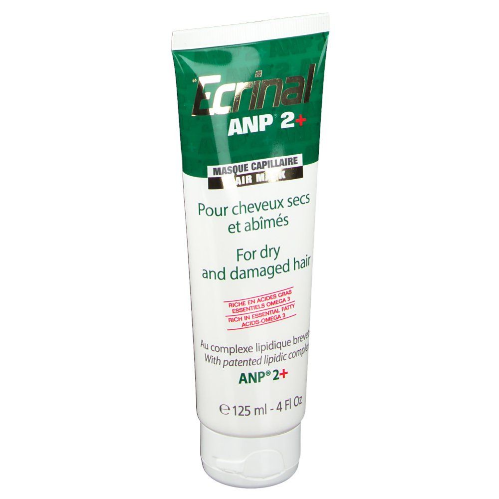 Tube Ecrinal ANP 2+ haarmasker. Voorkant met productnaam en beschrijving. Voor droog en beschadigd haar. 125 ml.