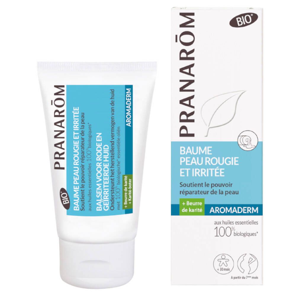 Tube et boîte de crème. Inscription: PRANAROM, Baume Peau Rougie et Irritée, Aromaderm. Certification Bio.