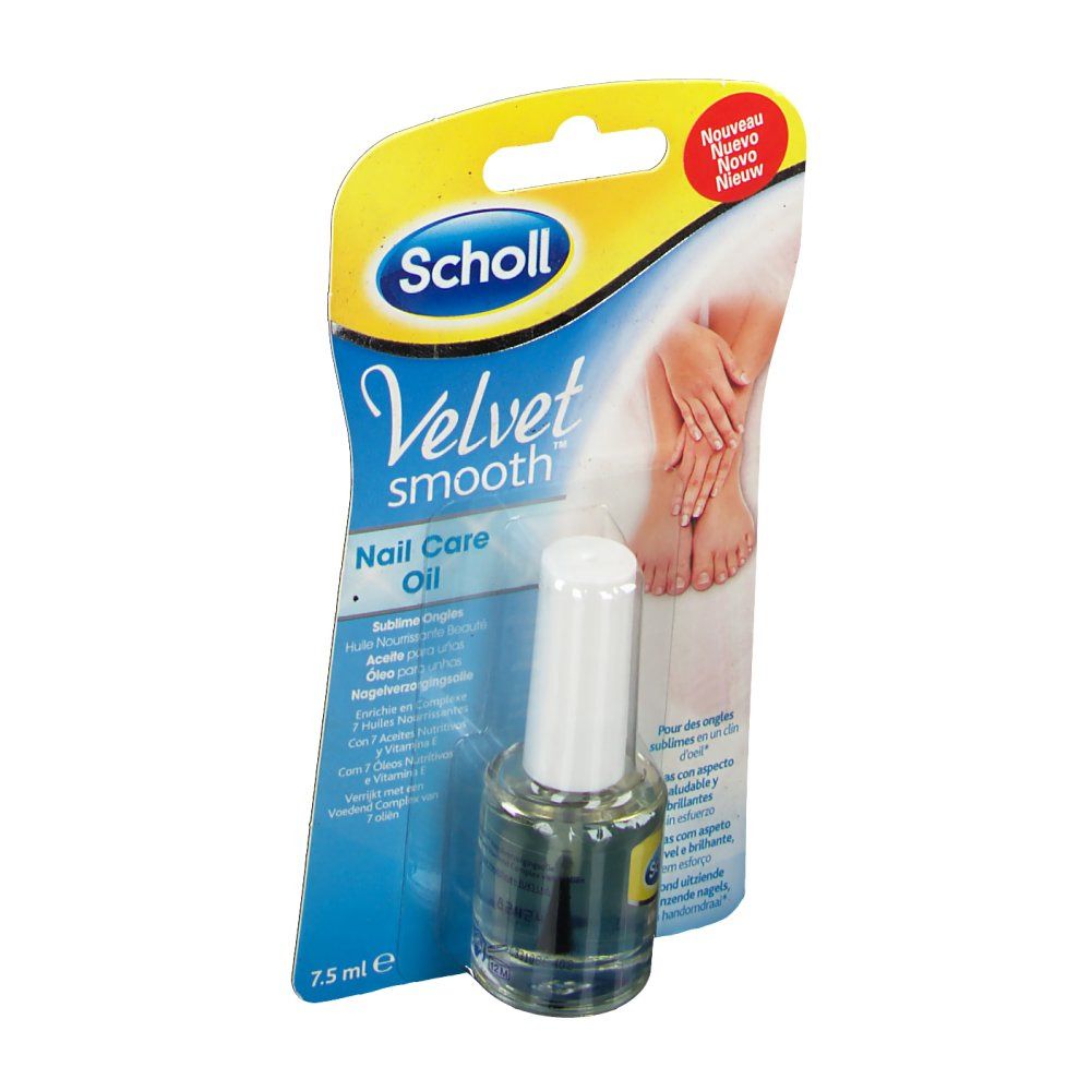 Scholl Velvet Smooth Nail Care Oil in verpakking. Fles met witte dop. Opschrift: Velvet Smooth Nail Care Oil.