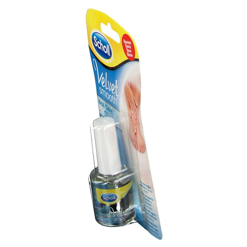 Scholl Velvet Smooth Nail Care Oil in verpakking. Fles met witte dop. Opschrift: Velvet Smooth Nail Care Oil.
