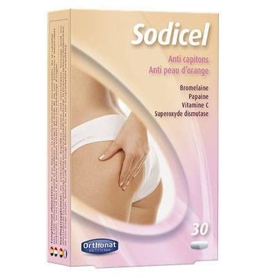Boîte de Sodicel. Inscription: Anti-capitons, Anti peau d'orange. Contient bromélaïne, papaïne, vitamine C, superoxyde dismutase. 30 comprimés.