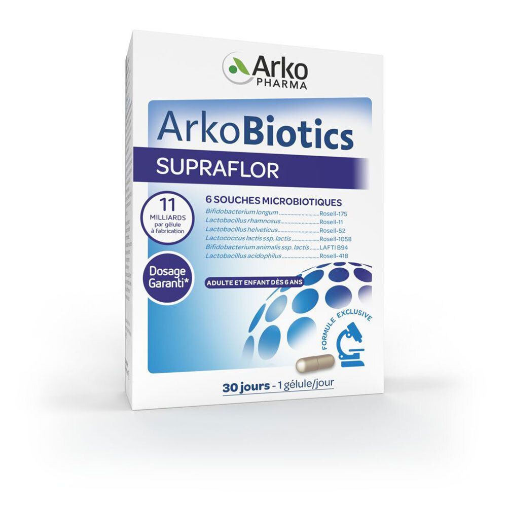 Boîte de ArkoBiotics SUPRAFLOR. Inscription : 11 milliards par gélule. 6 souches microbiotiques. Pour adultes et enfants dès 6 ans.