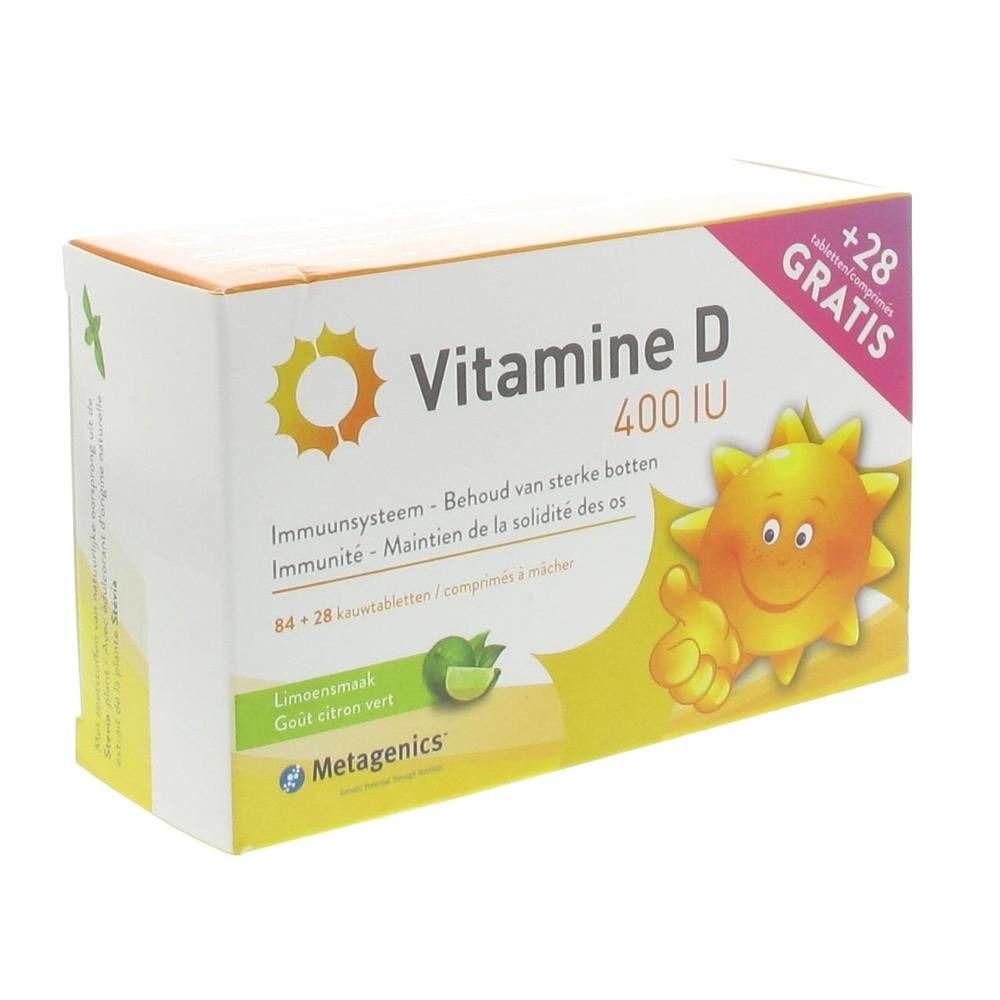 Verpakking van Vitamine D 400 IU. Opschrift: Immuunsysteem, Immunité. Zonne-illustratie en Metagenics-logo.