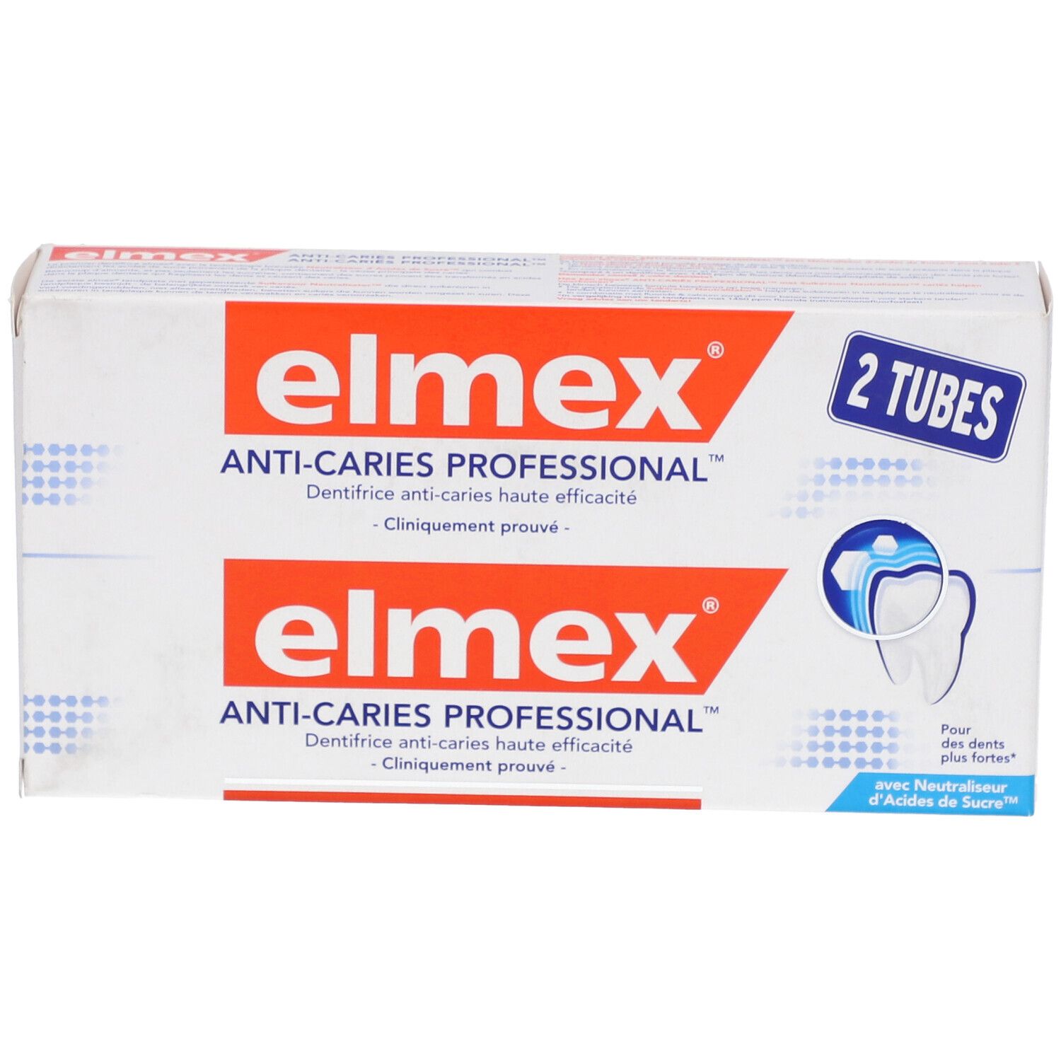 Verpakking van Elmex Anti-Caries Professional tandpasta met twee tubes. Witte verpakking met rode tekst.