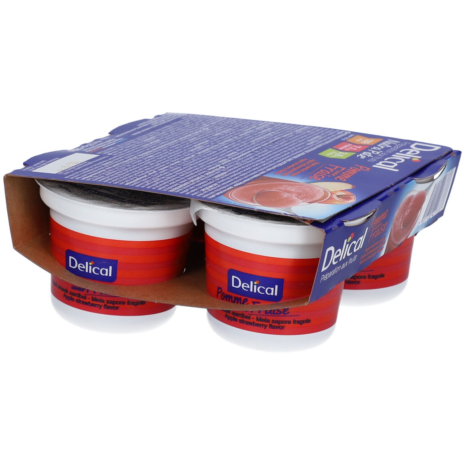 Paquet de quatre pots Delical Nutra'pote Pomme Fraise. Pots rouges, couvercles blancs, emballage bleu.