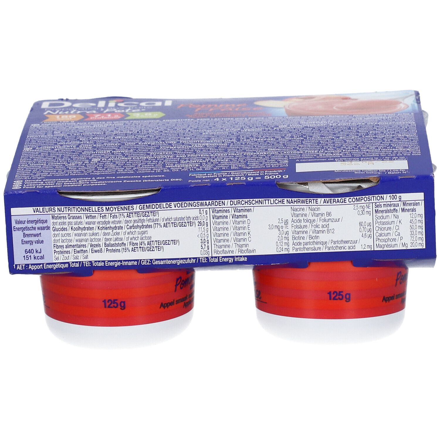 Paquet de deux pots Delical Nutra'pote Pomme Fraise. Pots rouges, couvercles blancs, emballage bleu.