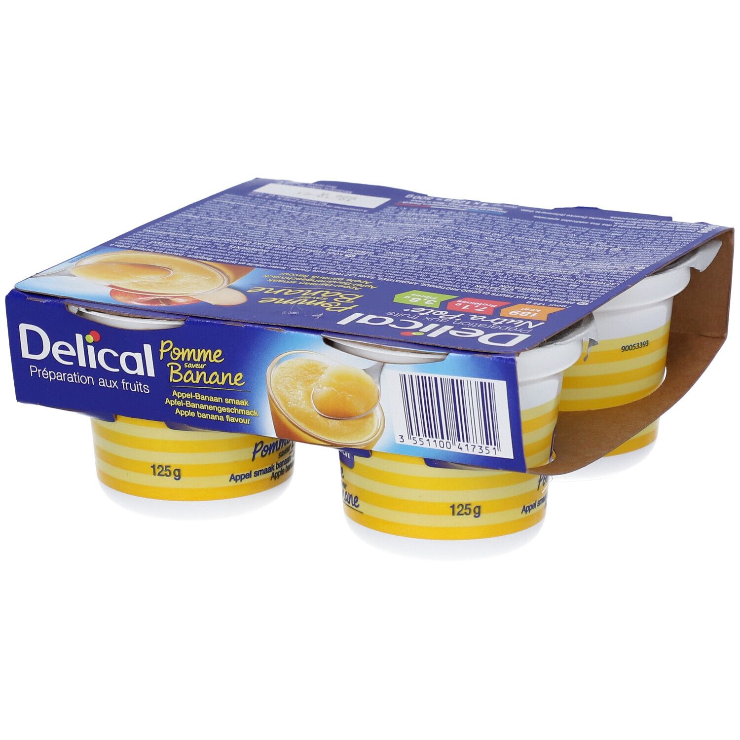 Verpakking Delical Nutra'pote Pomme Banane. Vier bekers in kartonnen verpakking. Bekers met gele strepen en witte deksel.