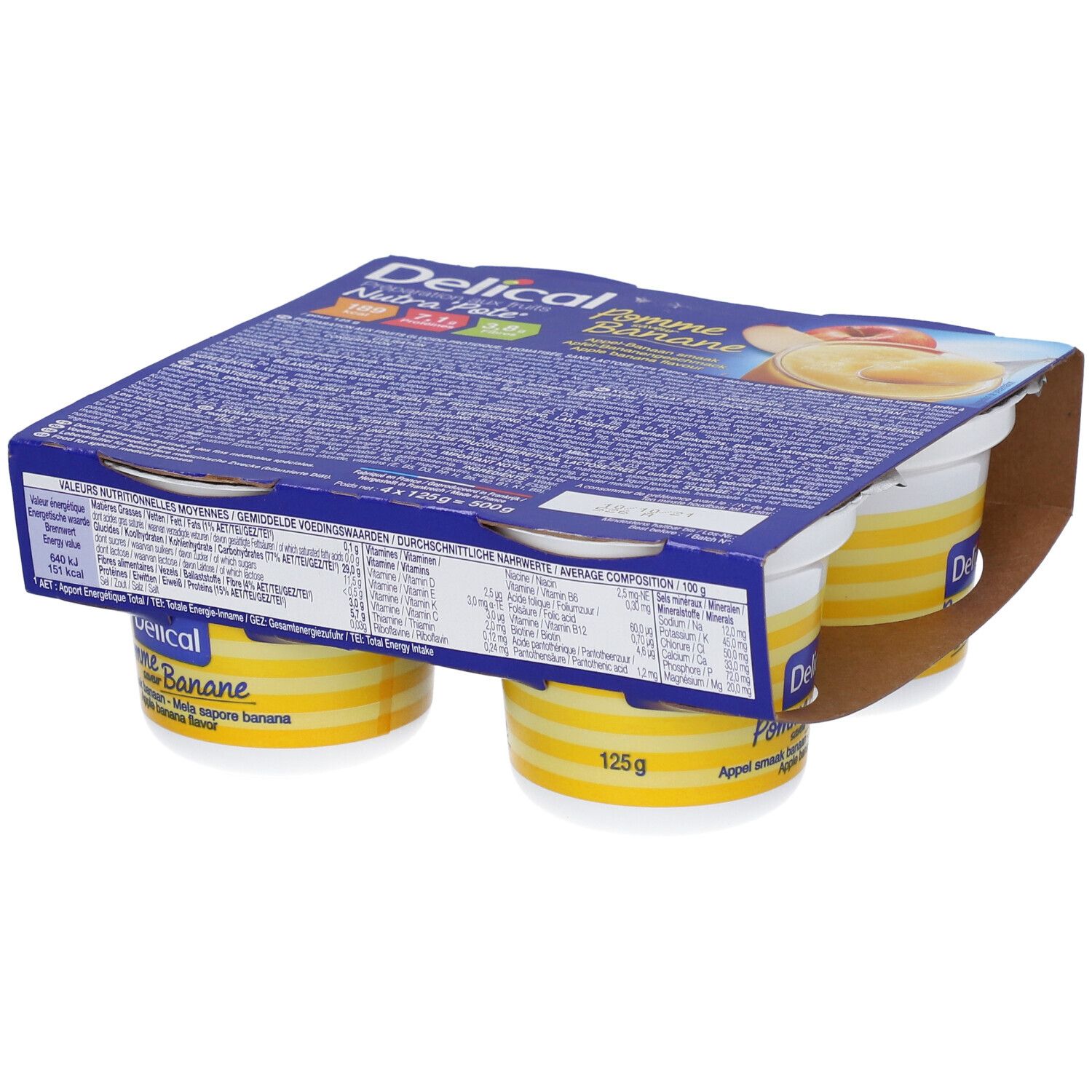 Verpakking Delical Nutra'pote Pomme Banane. Vier bekers in kartonnen verpakking. Bekers met gele strepen en witte deksel.