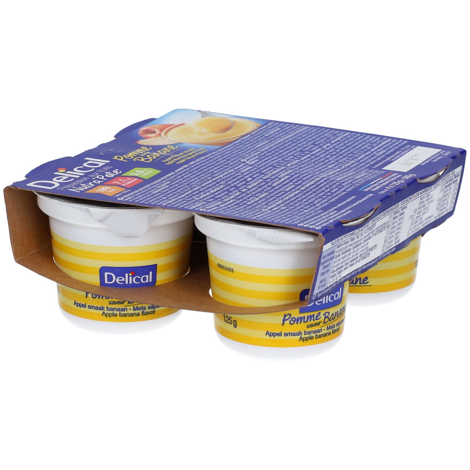 Verpakking Delical Nutra'pote Pomme Banane. Vier bekers in kartonnen verpakking. Bekers met gele strepen en witte deksel.