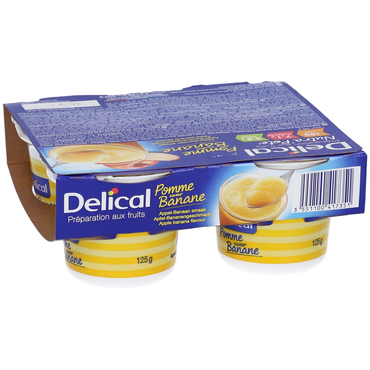 Verpakking Delical Nutra'pote Pomme Banane. Vier bekers in kartonnen verpakking. Bekers met gele strepen en witte deksel.