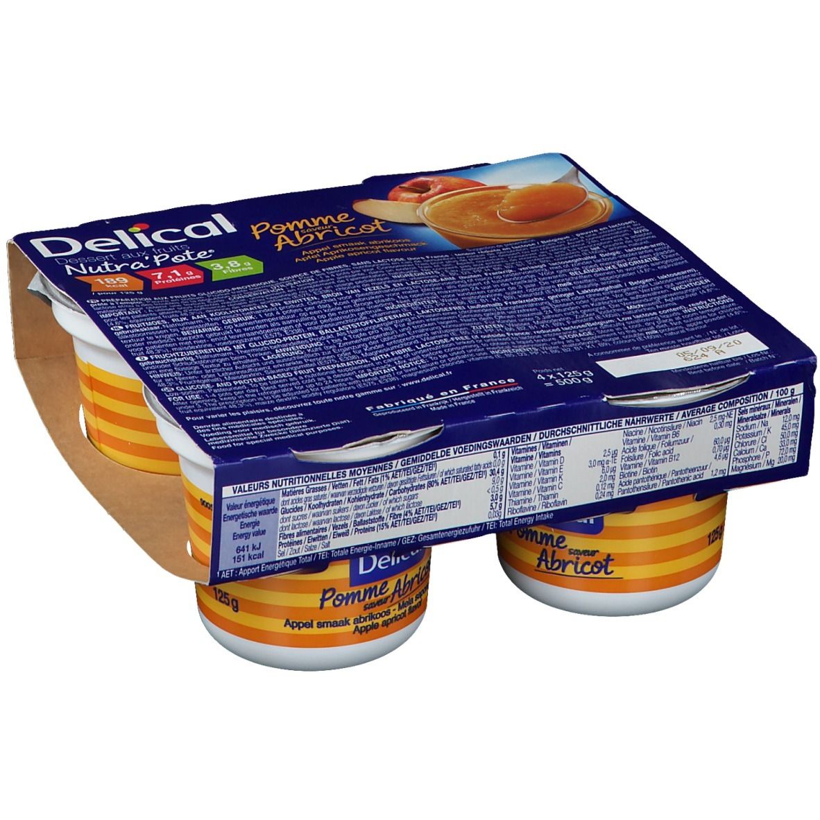 Verpakking van vier bekers Delical Nutra'pote Pomme Abricot. Bekers met deksels, verpakt in karton. Bedrukking met voedingswaarde-informatie.