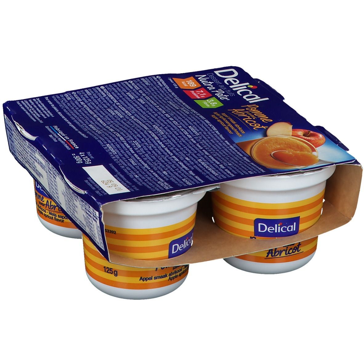 Verpakking van vier bekers Delical Nutra'pote Pomme Abricot. Bekers met deksels, verpakt in karton. Bedrukking met voedingswaarde-informatie.