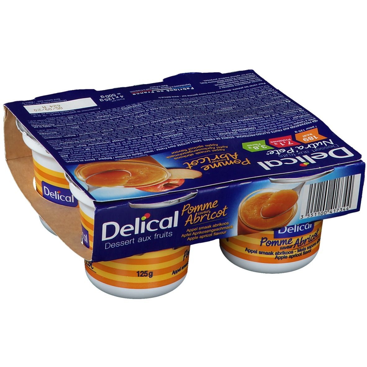 Verpakking van vier bekers Delical Nutra'pote Pomme Abricot. Bekers met deksels, verpakt in karton. Bedrukking met voedingswaarde-informatie.