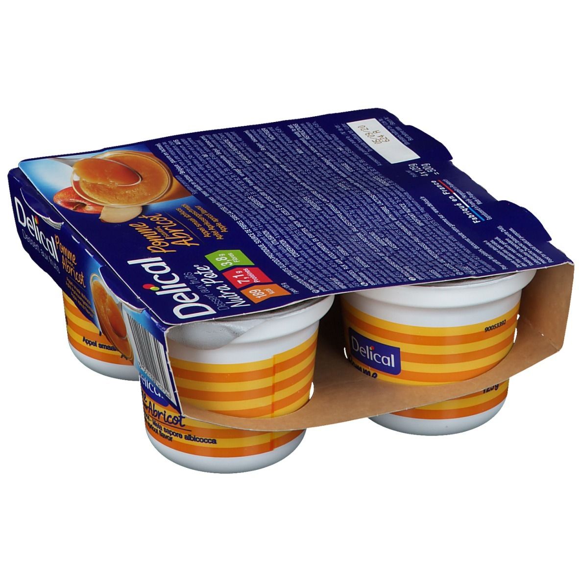 Verpakking van vier bekers Delical Nutra'pote Pomme Abricot. Bekers met deksels, verpakt in karton. Bedrukking met voedingswaarde-informatie.