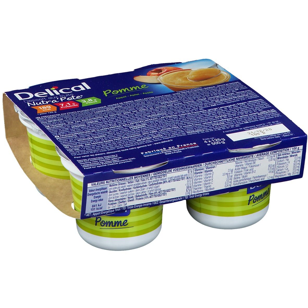 Verpakking van vier potjes Delical Nutra'pote Pomme. Potjes met groene strepen. Kartonnen verpakking met productinformatie.