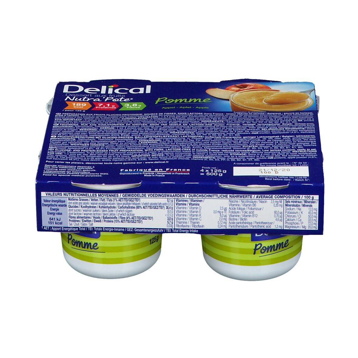Verpakking van vier potjes Delical Nutra'pote Pomme. Potjes met groene strepen. Kartonnen verpakking met productinformatie.