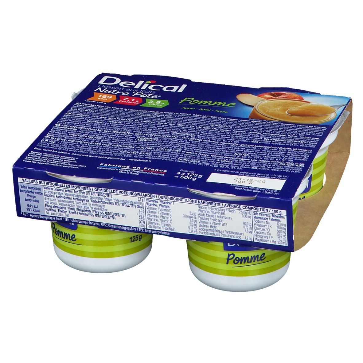 Verpakking van vier potjes Delical Nutra'pote Pomme. Potjes met groene strepen. Kartonnen verpakking met productinformatie.