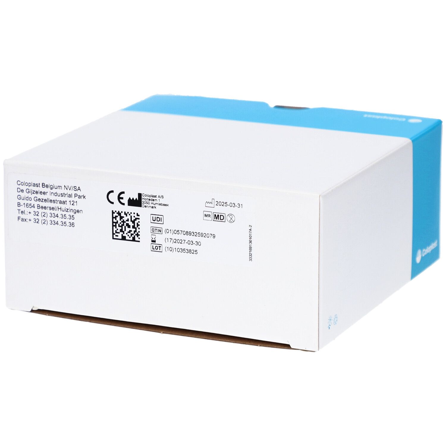 Doos met productinformatie. Opschrift: CE-markering, MD-symbool, vervaldatum. Merk Coloplast.