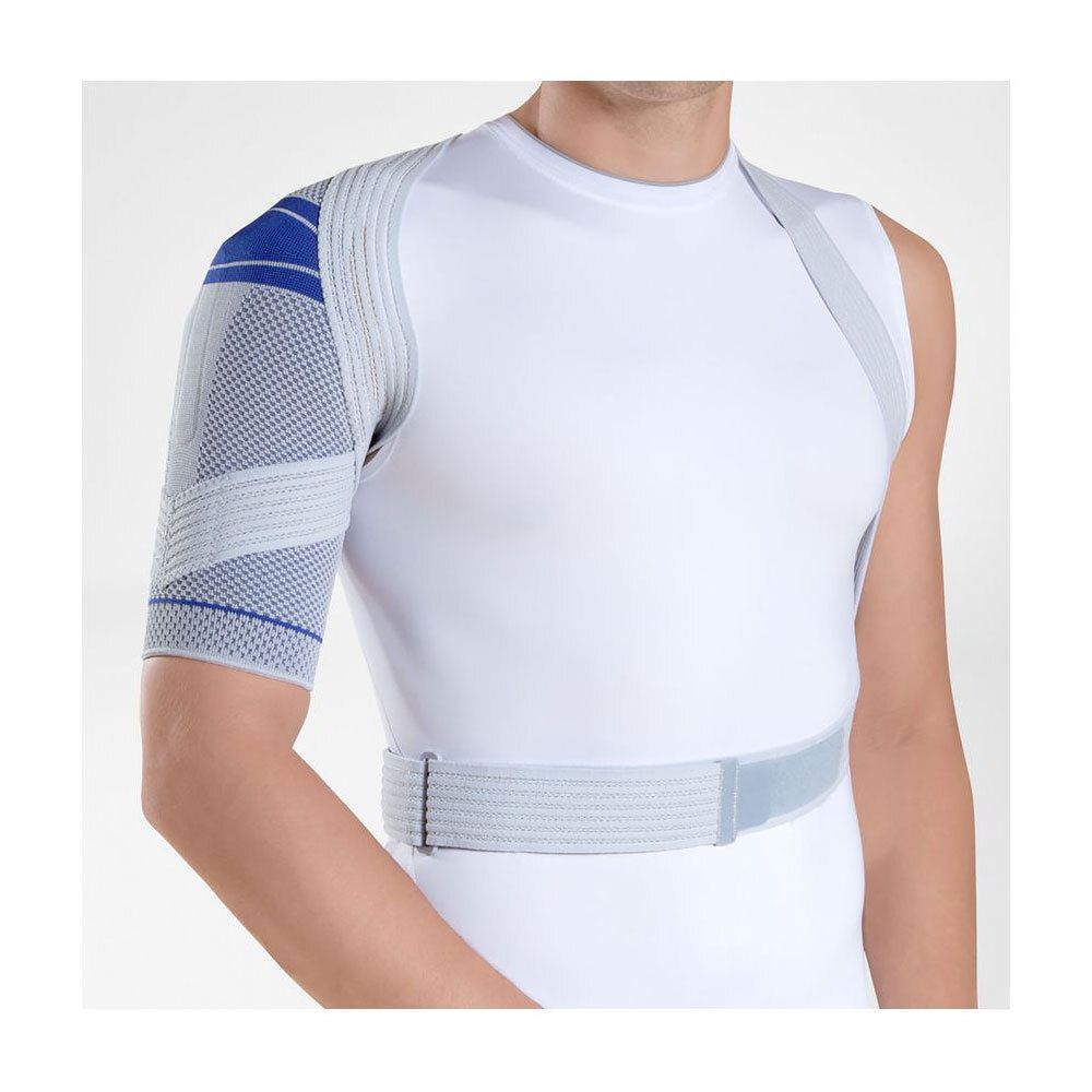 Bauerfeind OmoTrain schouderbrace met bandsysteem, grijs-blauw.
