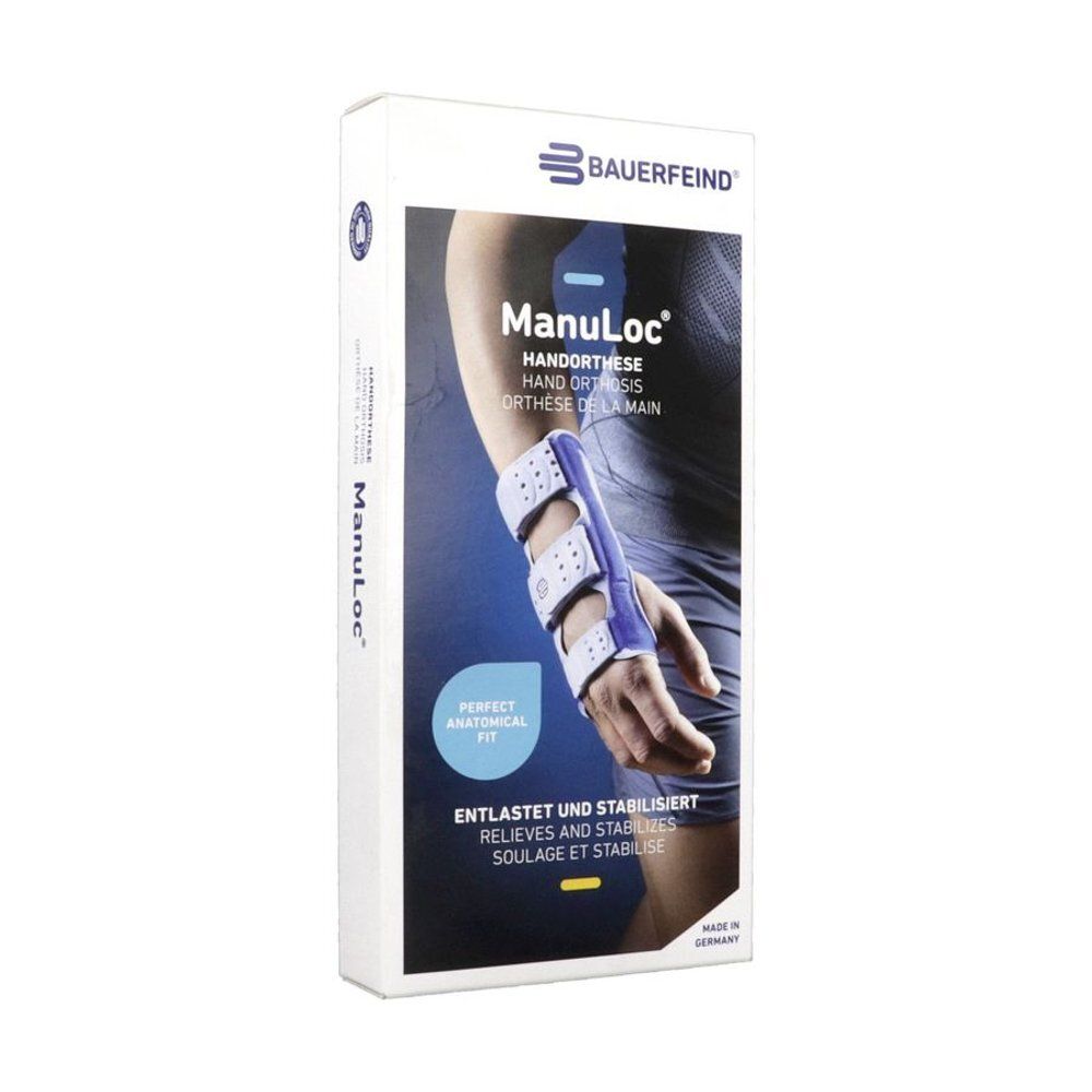 Verpakking Bauerfeind ManuLoc handbrace. Witte doos met productafbeelding en blauwe brace. Tekst: ManuLoc, Bauerfeind. Made in Germany.