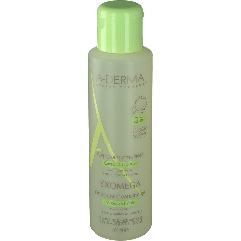 A-DERMA Exomega reinigingsgel 2 in 1. Fles met groene dop. Opschrift: EXOMEGA, 2 in 1, lichaam en haar.