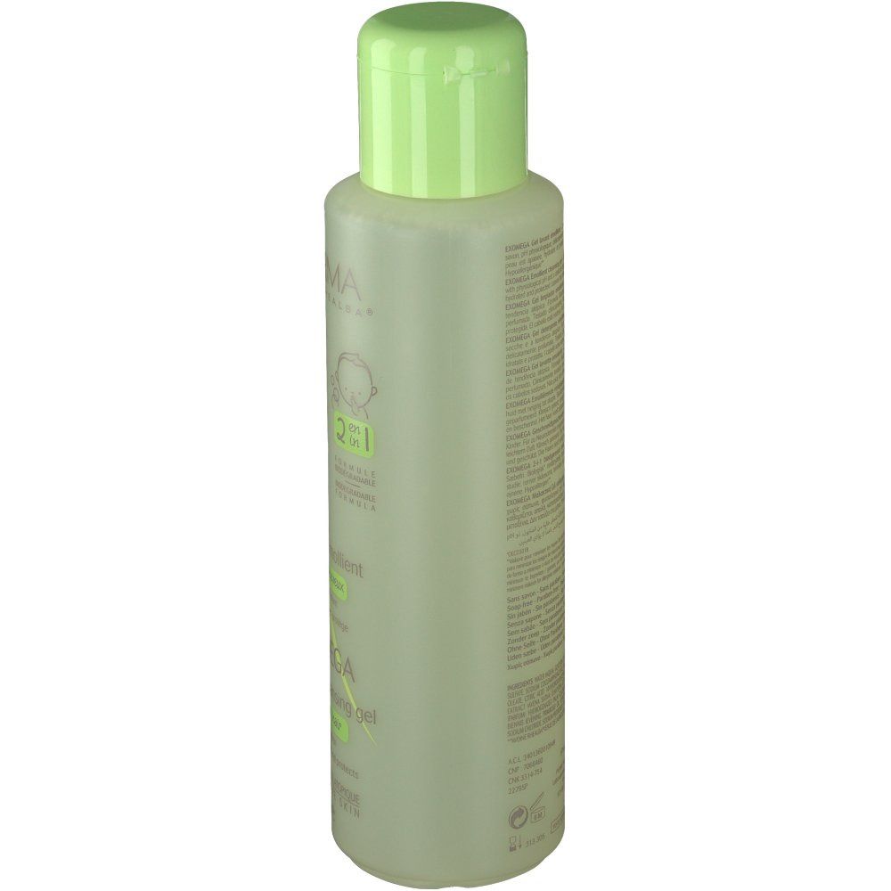 A-DERMA Exomega reinigingsgel. Fles met groene dop. Achterkant met tekst. 2 in 1, lichaam en haar.