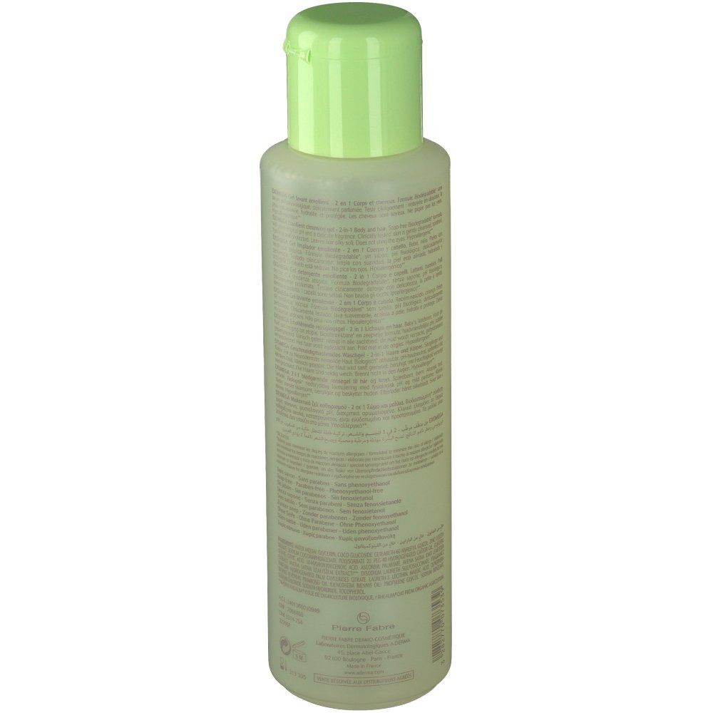 A-DERMA Exomega reinigingsgel. Fles met groene dop. Achterkant met tekst. 2 in 1, lichaam en haar.