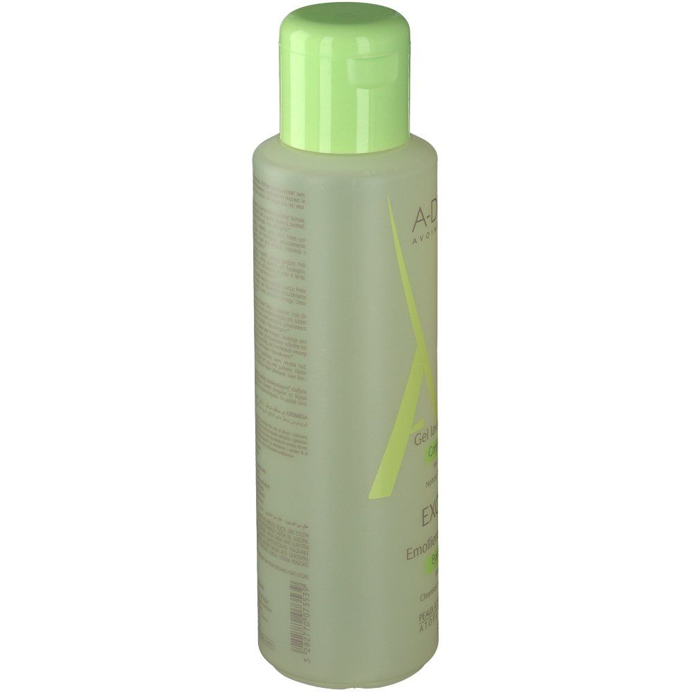 A-DERMA Exomega reinigingsgel. Fles met groene dop. Opschrift: EXOMEGA, 2 in 1, lichaam en haar.