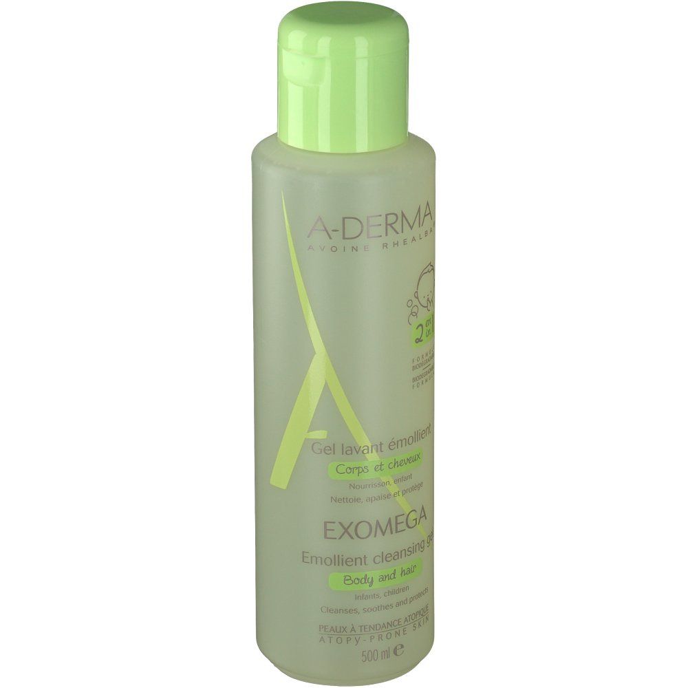 A-DERMA Exomega reinigingsgel 2 in 1. Fles met groene dop. Opschrift: EXOMEGA, 2 in 1, lichaam en haar.