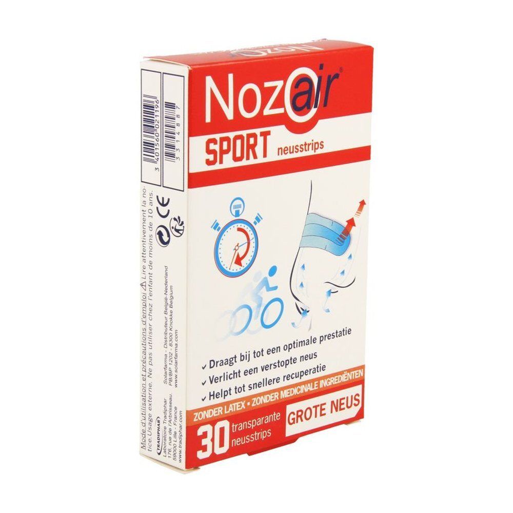 Verpakking "Nozair Sport" neusstrips. 30 transparante strips. Opschrift "Grote Neus". Logo met stopwatch.