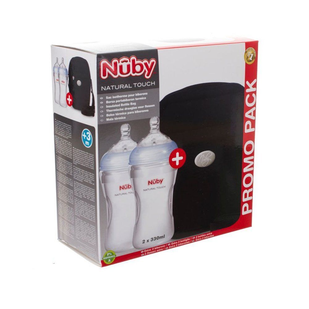 Verpakking met twee babyflessen en een zwarte koeltas. Merk Nûby, opschrift Natural Touch en Promo Pack.