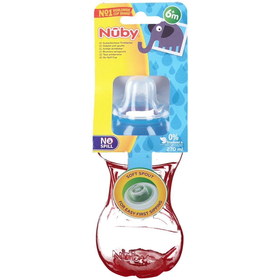 Nuby Easy Grip Cup met blauw deksel en zachte tuit. Verpakking met druppelpatroon en productinformatie.