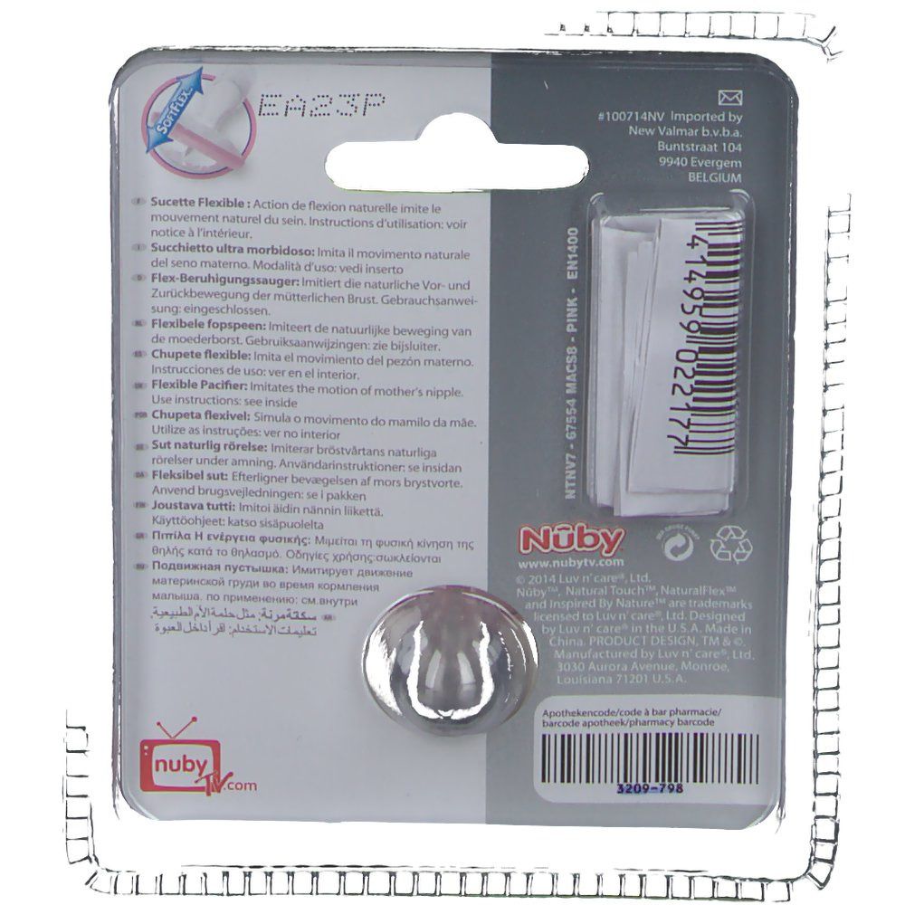 Achterkant van de verpakking met productinformatie en barcode. Merk Nuby.