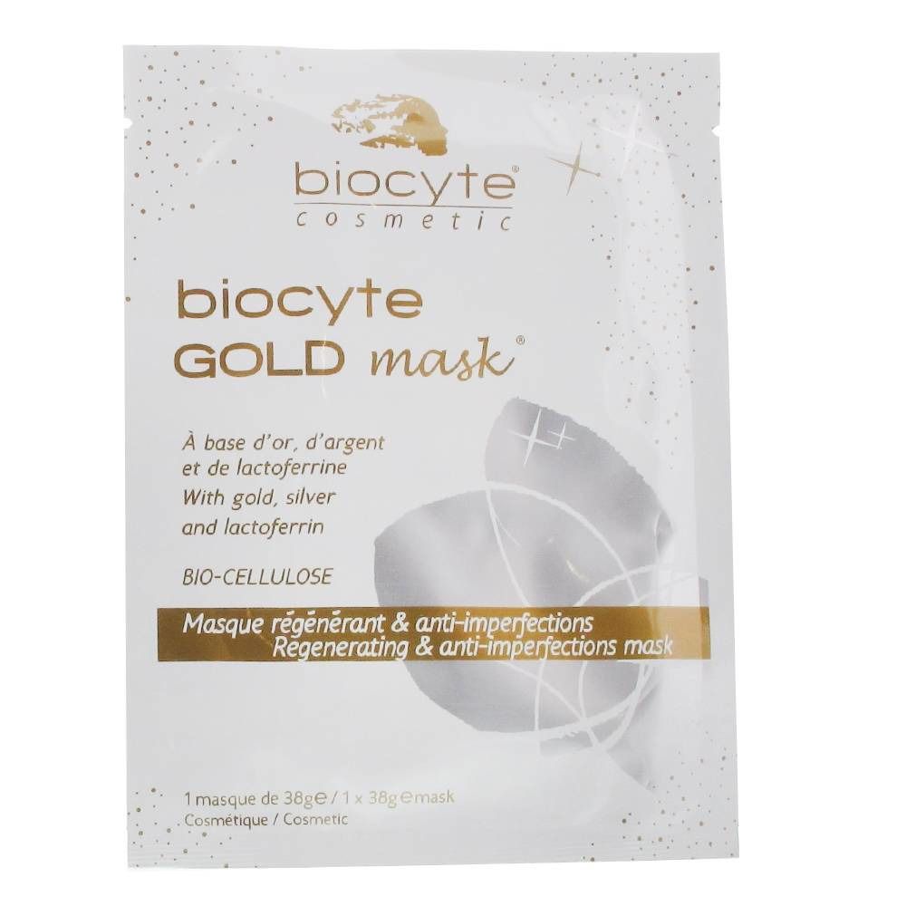 Sachet Biocyte Gold Mask. Emballage blanc avec nom et informations. Logo et texte dorés.