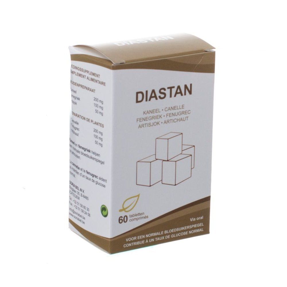 Diastan-verpakking. Bevat kaneel, fenegriek en artisjok. 60 tabletten. Bruine en witte doos.