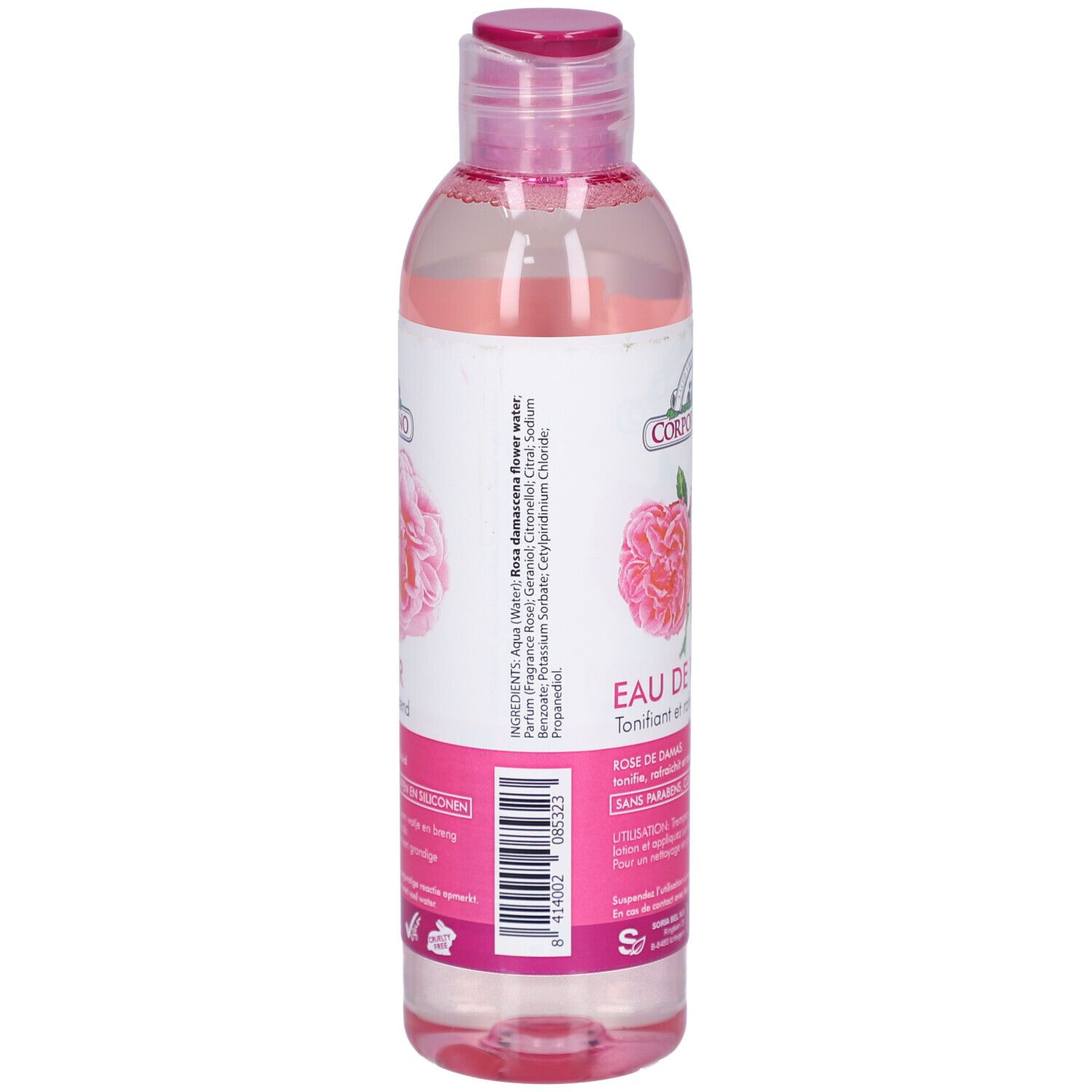 Achterkant van de fles met ingrediënten en barcode. Roze dop en transparante fles met roze vloeistof.
