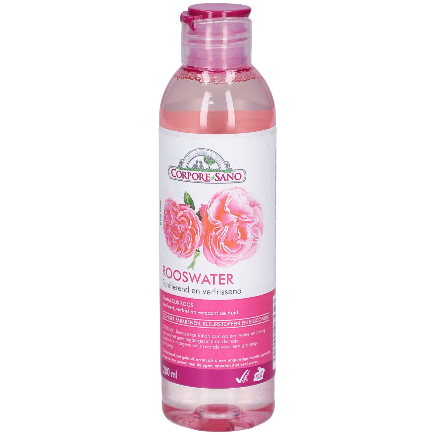 Rozenwater in een transparante fles met roze dop. Etiket met rozenbloemen en de tekst Rooswater.