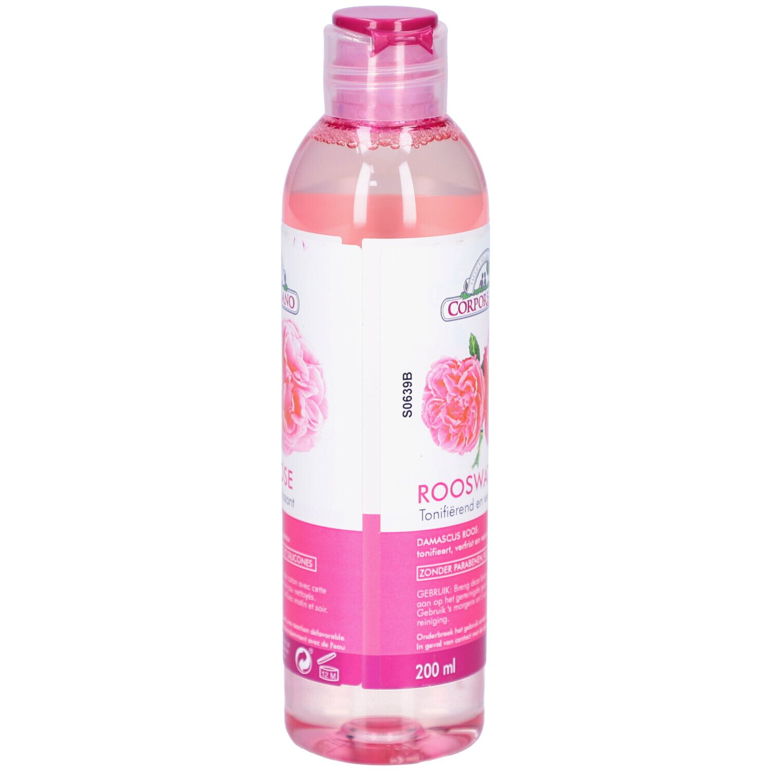 Rozenwaterfles met roze dop. Etiket met rozenbloemen en tekst: Rooswater. 200 ml.