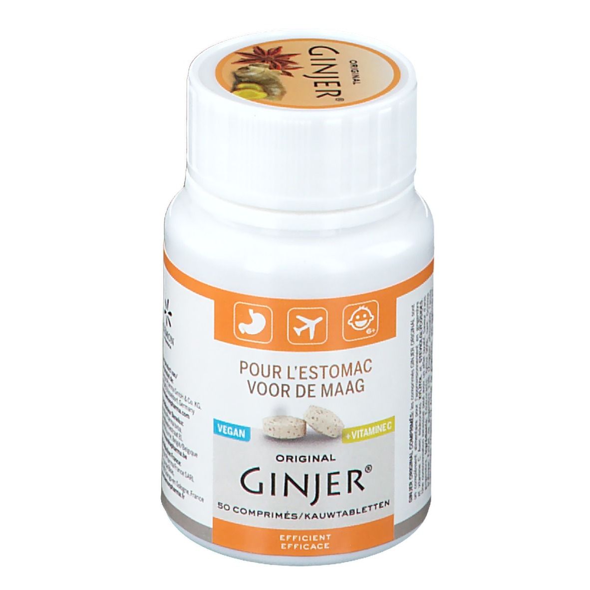 Witte fles met tabletten. Opschrift: GINJER Original. Tekst: Pour l'estomac, Voor de Maag. Vegan. Vitamine C. 50 comprimés/Kautabletten.