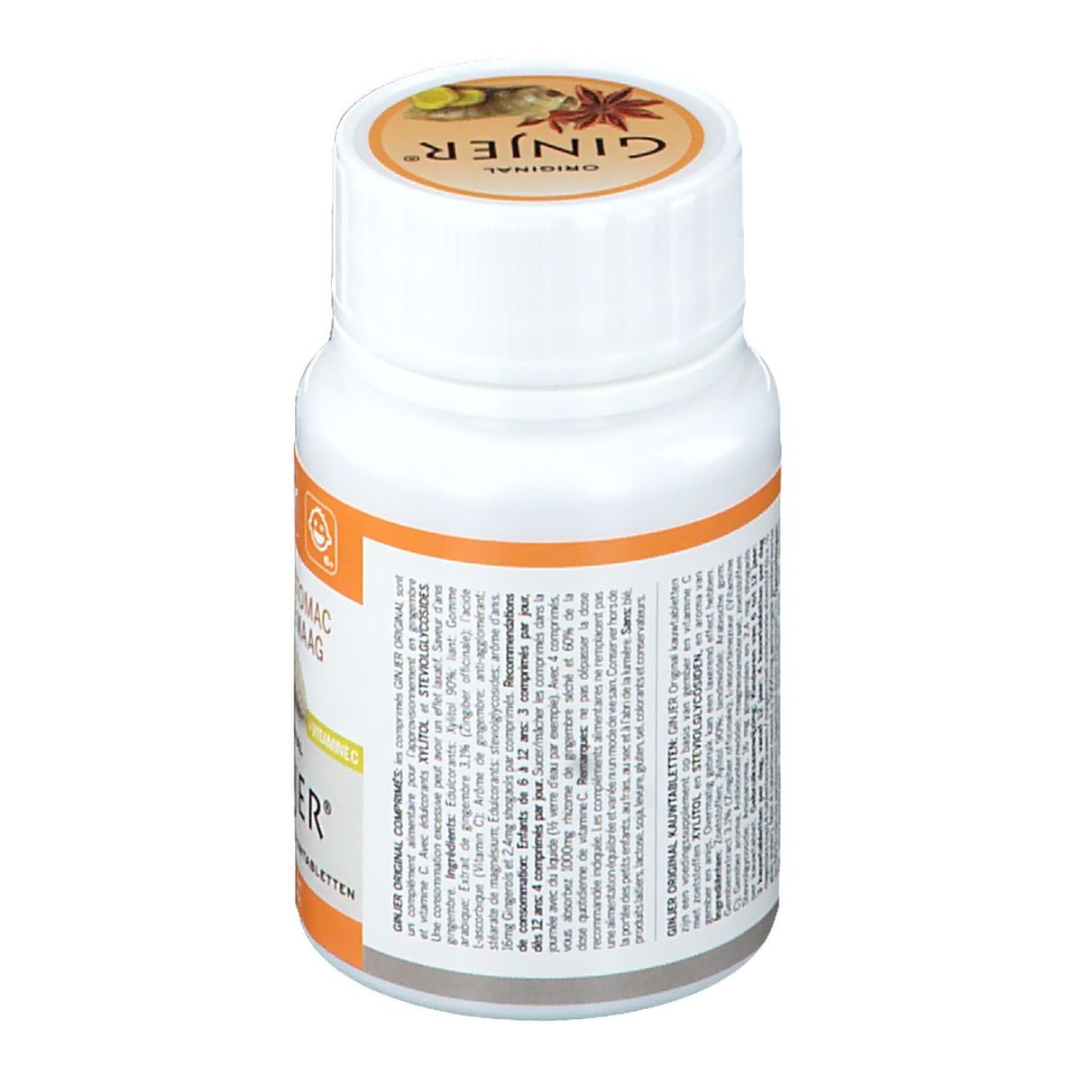 Witte fles met tabletten. Opschrift: GINJER Original. Achterkant met tekst. Vegan. Vitamine C. 50 comprimés/Kautabletten.