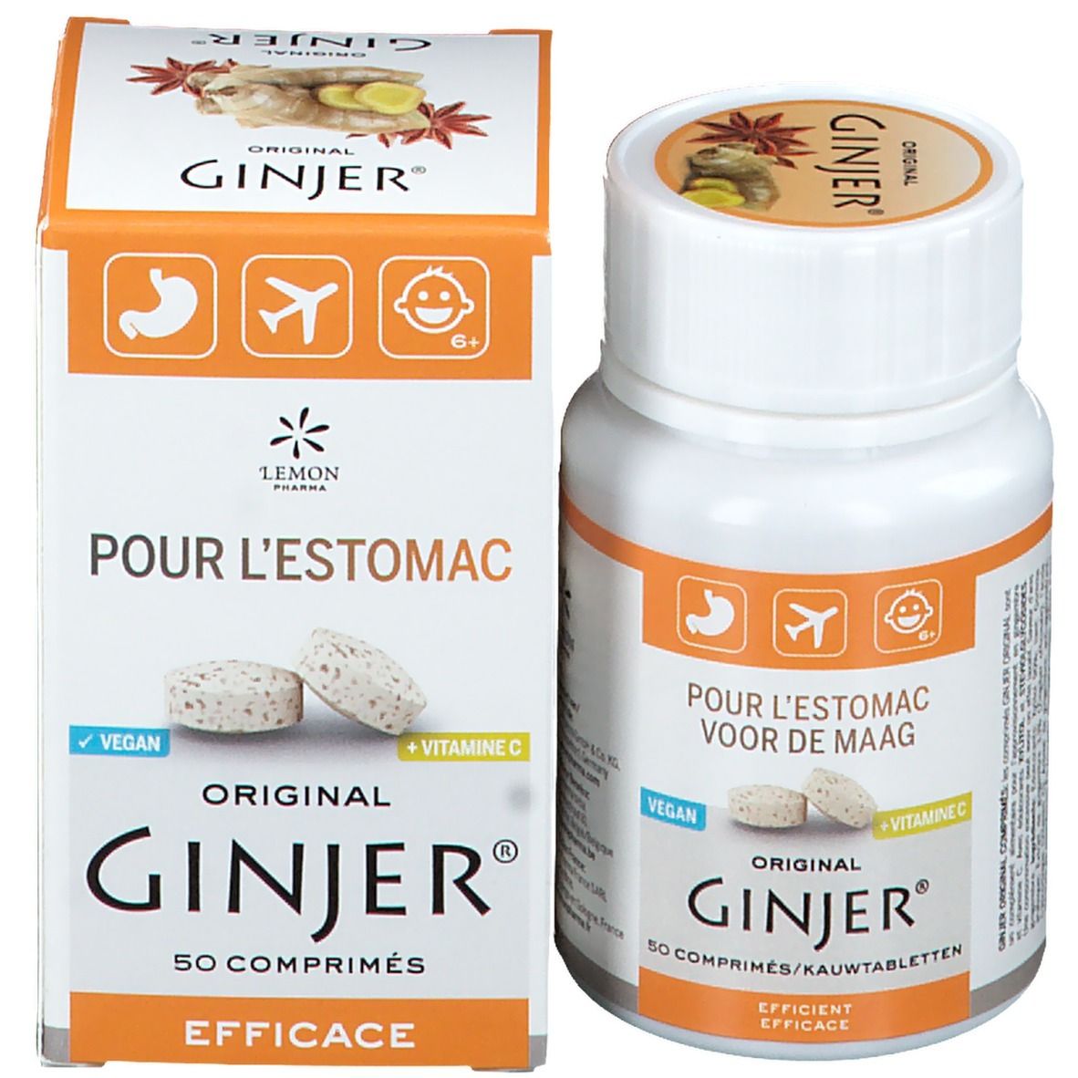 Productverpakking met fles en doos. Opschrift: GINJER Original. Tekst: Pour l'estomac, Voor de Maag. Vegan. Vitamine C. 50 comprimés/Kautabletten.