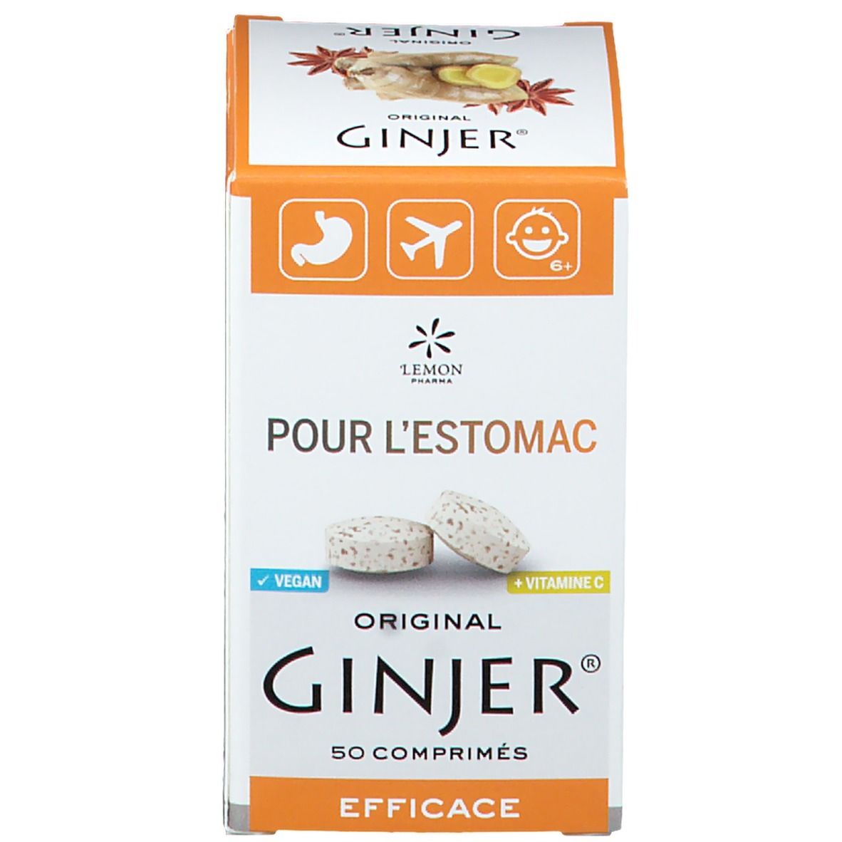 Productverpakking. Opschrift: GINJER Original. Tekst: Pour l'estomac, Voor de Maag. Vegan. Vitamine C. 50 comprimés/Kautabletten.