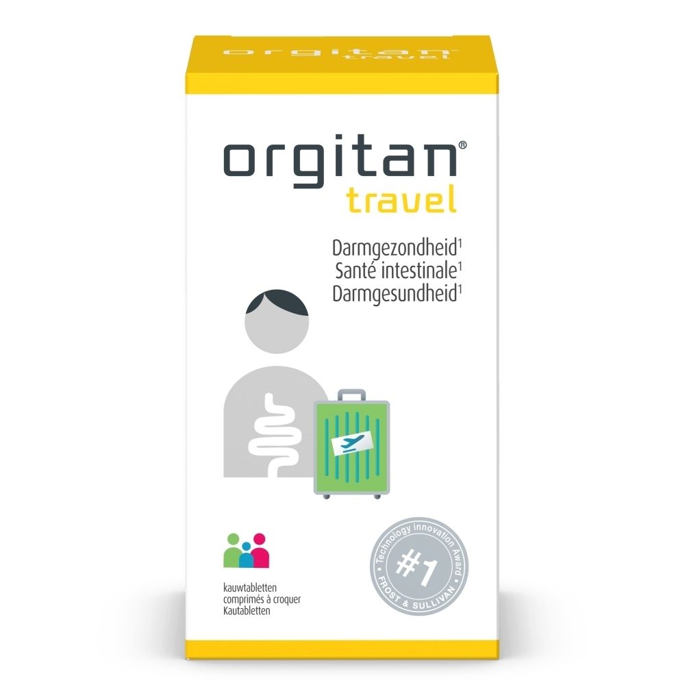 Witte verpakking met gele deksel. Opschrift: orgitan® travel. Groene koffer illustratie. Sticker: #1. Opschrift: b-pharma.