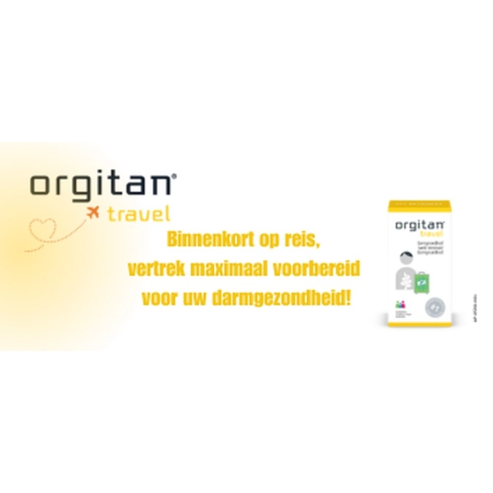 Witte verpakking met gele deksel. Opschrift: orgitan® travel. Groene koffer illustratie. Sticker: #1. Opschrift: b-pharma.