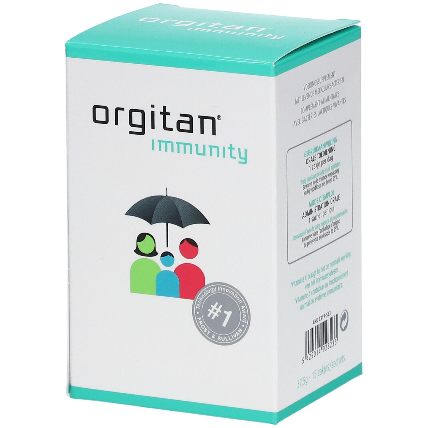 Boîte orgitan® immunity. Logo famille sous parapluie. Texte: Complément alimentaire avec bactéries lactiques vivantes. #1 Frost & Sullivan.