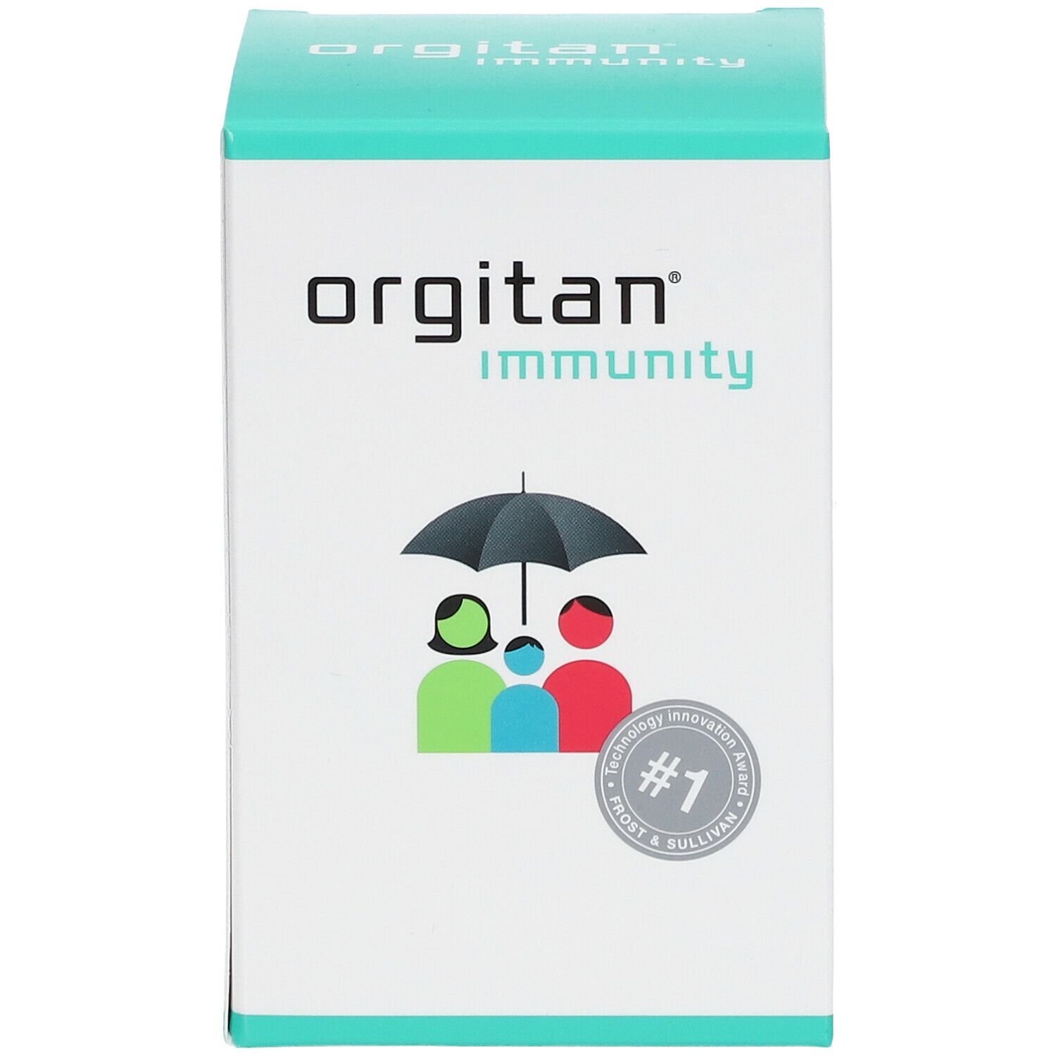 Boîte orgitan® immunity. Logo famille sous parapluie. Texte: immunity. #1 Frost & Sullivan.